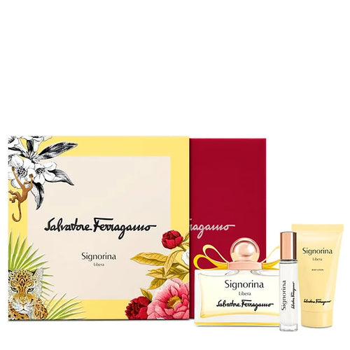 Salvatore Ferragamo presents the Signora Libera 100ml Eau De Parfum Gift Set, a mesmerizing fragrance for women that features Eau De Parfum, lotion, and a mini spray. The floral packaging is beautifully decorated with vivid leopards and flowers, capturing the essence of Signorina Libera.