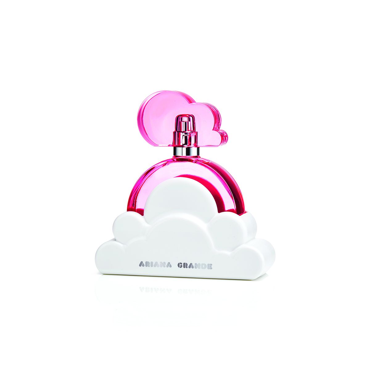 The Ariana Grande Cloud Pink Eau De Parfum by Ariana Grande is a women's fragrance that comes in a pink bottle with a dreamy cloud-shaped cap and rests on a white cloud base.