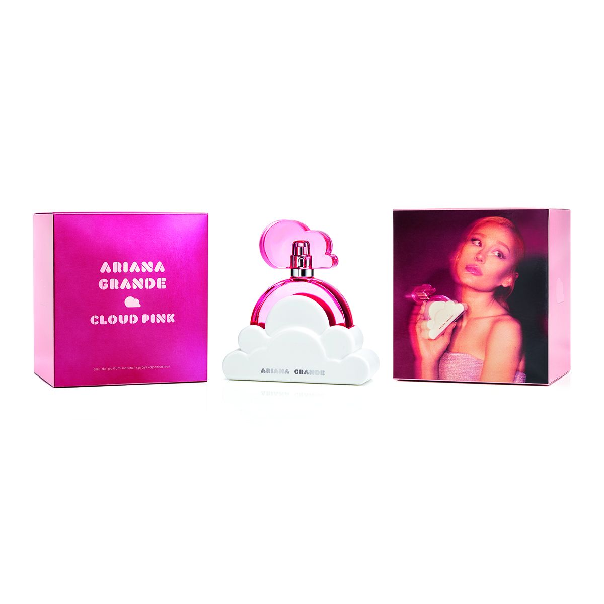 The Ariana Grande Cloud Pink Eau De Parfum is elegantly showcased with its unique cloud-shaped base, accompanied by packaging and an image of a woman gracefully holding the bottle—an ideal fragrance for women who desire sophistication.