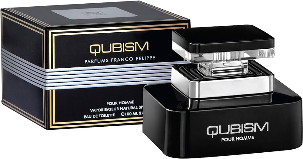 A bottle of Franco Felipe Qubism Pour Homme eau de toilette beside its oriental fragrance packaging.