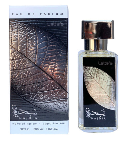 A boxed and bottled fragrance packaging set labeled "Lattafa Najdia 30ml Eau De Parfum," featuring a leaf design on both the box and bottle. This 30ml Aromatic Aquatic fragrance, containing 80% alcohol by volume, is perfect as a unisex Fragrance for Men & Women from Lattafa.