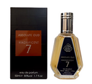 A bottle of Fragrance World Absolute Oud Magnificent 7 50ml Eau De Parfum rests elegantly beside its black and brown packaging, embodying a rich fragrance suitable for both men and women.