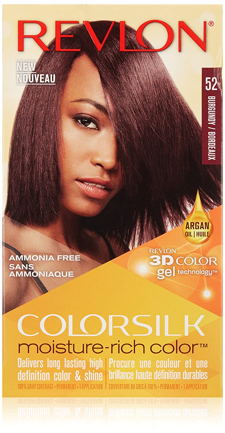 Revlon Colorsilk Color (3 for R50) in Burgundy 52 showcases a straight-haired model and highlights "Ammonia Free," "3D Color Gel Technology," and "Long Lasting Color" for vibrant, durable brilliance.