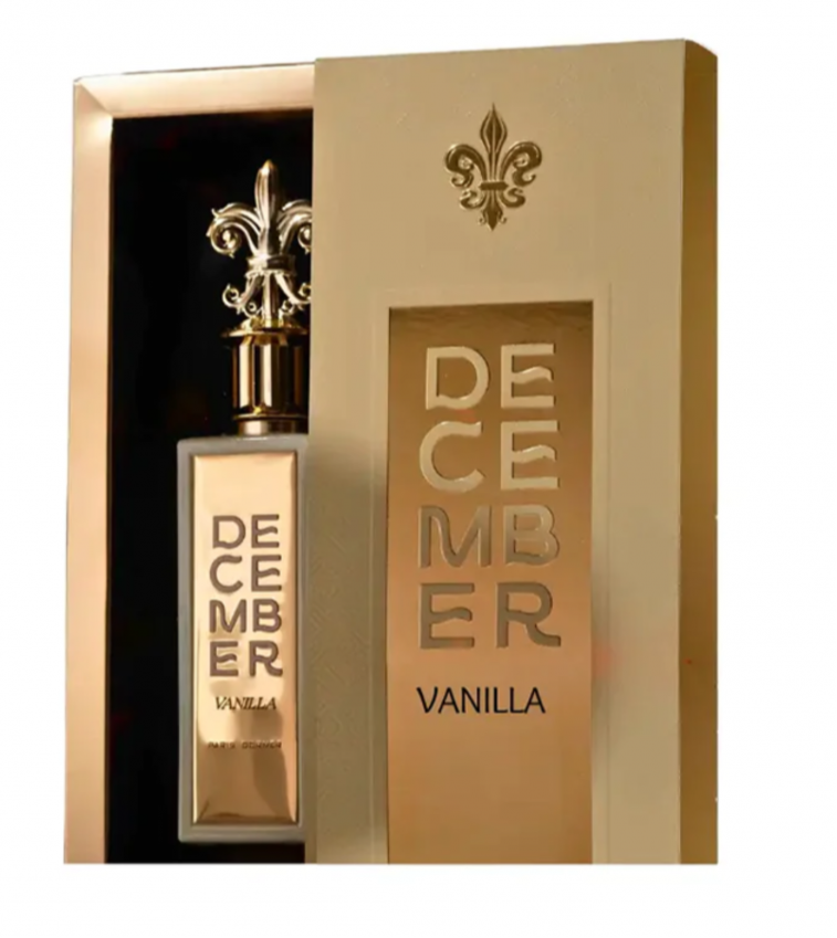 A box of "Paris Corner December Vanille 100ml Eau De Parfum" by Rio Perfumes, a unisex fragrance featuring a gold bottle with a decorative cap, is partially visible through a window in the packaging.