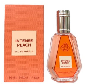 A bottle of Fragrance World Intense Peach 50ml Eau De Parfum by Rio Perfumes sits elegantly beside its vibrant orange packaging, epitomizing a fragrance for men and women who adore bold scents.