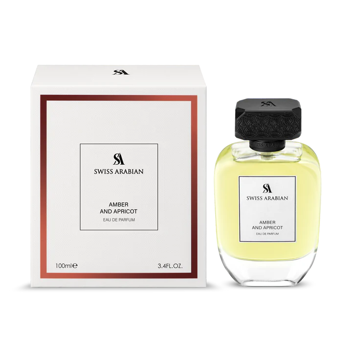 Swiss Arabian Amber and Apricot 100ml Eau De Parfum is a delightful women's fragrance, elegantly housed in a perfume bottle with chic white and red packaging.