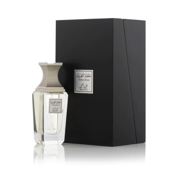 A 100ml bottle of "Arabian Oud Arabian Blend Jabal Al Fil Eau De Parfum" by Oud Elite is displayed beside a tall, black rectangular box, elevating its charm as a unisex fragrance.