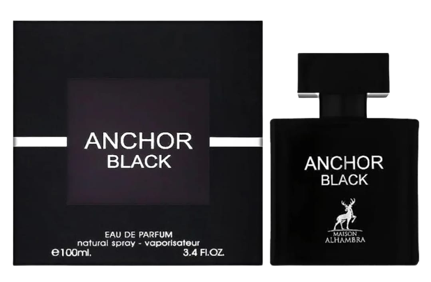 Sentence with replaced product:

Maison Alhambra Anchor Black 100ml Eau de Parfum bottle next to its packaging, displaying the brand and product name, "Eau De Parfum," and a white deer logo.