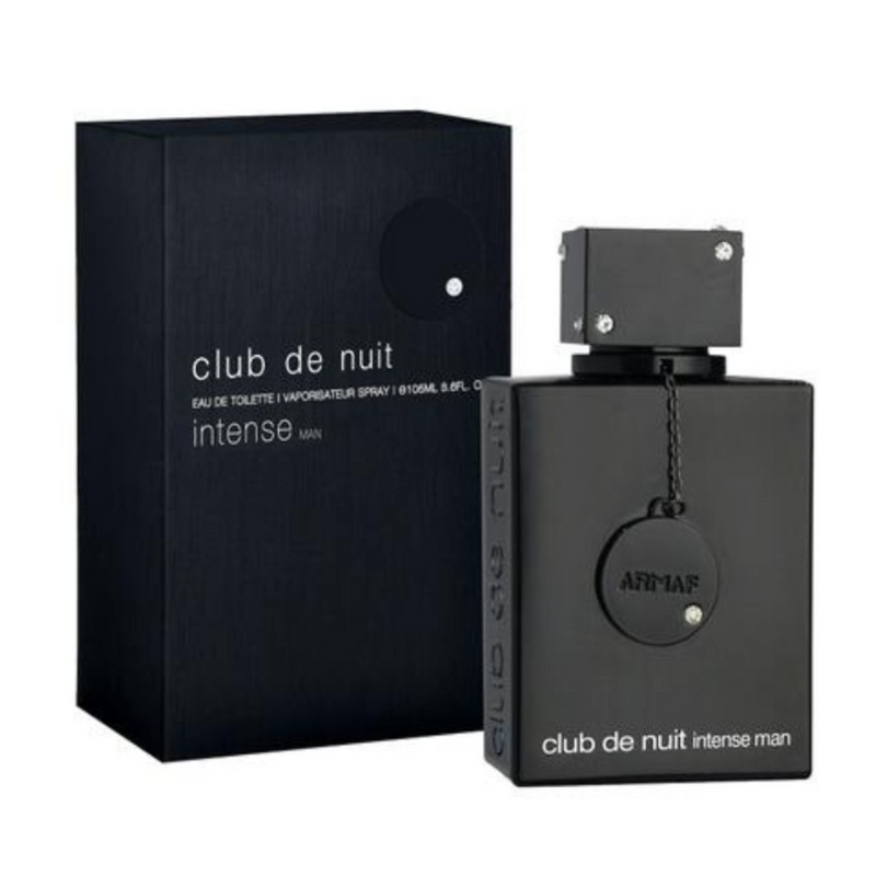 Load image into Gallery viewer, The sleek black 105ml bottle labeled &quot;Armaf Club de Nuit Intense Man&quot; exudes sophistication, paired with a matching box. This men&#39;s cologne by Armaf is celebrated for its captivating Woody Spicy fragrance.
