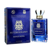 A 50ml bottle of Autobiography Super Nova Eau De Parfum, a captivating unisex fragrance by Autobiography, sits elegantly next to its stylish blue and silver box.