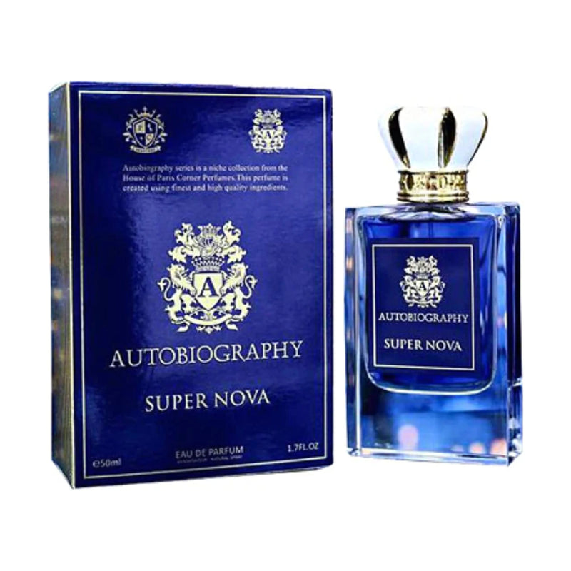 Load image into Gallery viewer, A 50ml bottle of Autobiography Super Nova Eau De Parfum, a captivating unisex fragrance by Autobiography, sits elegantly next to its stylish blue and silver box.
