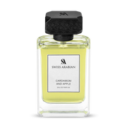 The Swiss Arabian Cardamom and Apple 100ml Eau De Parfum, in a clear glass bottle with a black ornate cap, provides a captivating unisex fragrance.