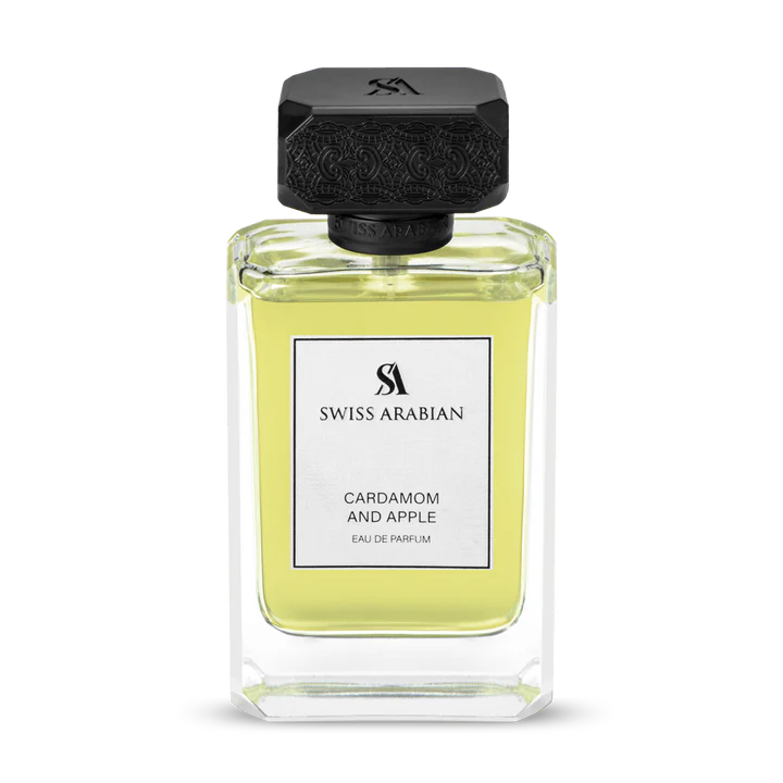 The Swiss Arabian Cardamom and Apple 100ml Eau De Parfum, in a clear glass bottle with a black ornate cap, provides a captivating unisex fragrance.