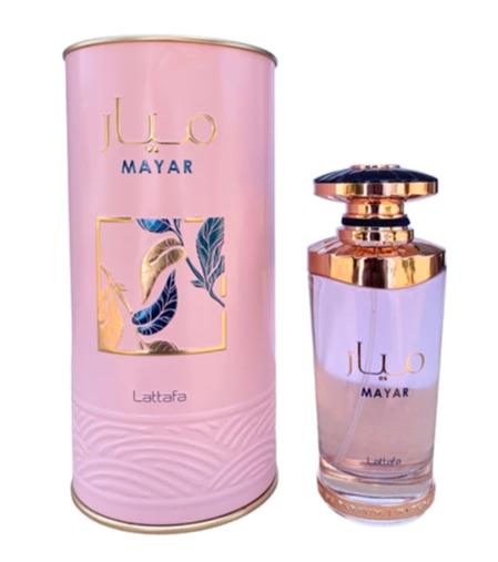 A product image featuring a bottle of Lattafa Mayar 100ml Eau De Parfum by Paris Corner placed next to its cylindrical pink packaging, exuding a delicate floral fragrance.