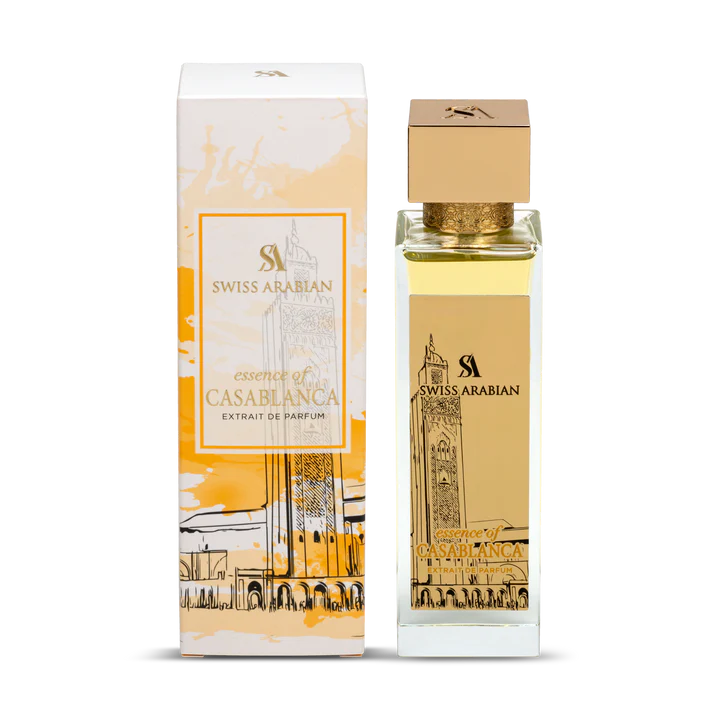 The Swiss Arabian Essence Of Casablanca 100ml Extrait De Parfum, packaged with architectural artwork, presents a timeless scent for all genders.