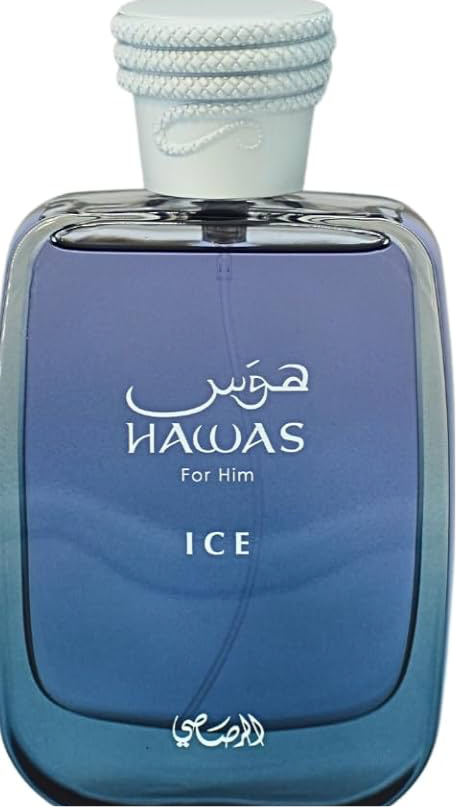 A blue bottle labeled "Rasasi Hawas Ice For Him 100ml Eau De Parfum," featuring white writing and a white cap wrapped with decorative cord, captures the essence of Rasasi as a distinguished fragrance for men.