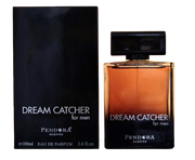 A bottle of "Pendora Dream Catcher Eau De Parfum for men" by Pendora Scents next to its black packaging box, illustrating the design of the fragrance.