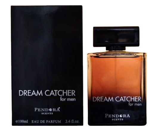 A bottle of "Pendora Dream Catcher Eau De Parfum for men" by Pendora Scents next to its black packaging box, illustrating the design of the fragrance.