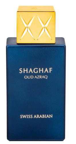 Load image into Gallery viewer, A blue rectangular perfume bottle with a golden cap, labeled &quot;Swiss Arabian Shaghaf Oud Azraq Limited Edition 75ml Eau De Parfum,&quot; an Eau De Parfum featuring an Amber Woody fragrance from Swiss Arabian.
