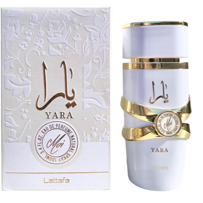 A white perfume bottle with gold accents, labeled "Lattafa Yara Moi 100ml Eau de Parfum", is shown next to its matching box with a similar design, reflecting the elegance of this Eau De Parfum.