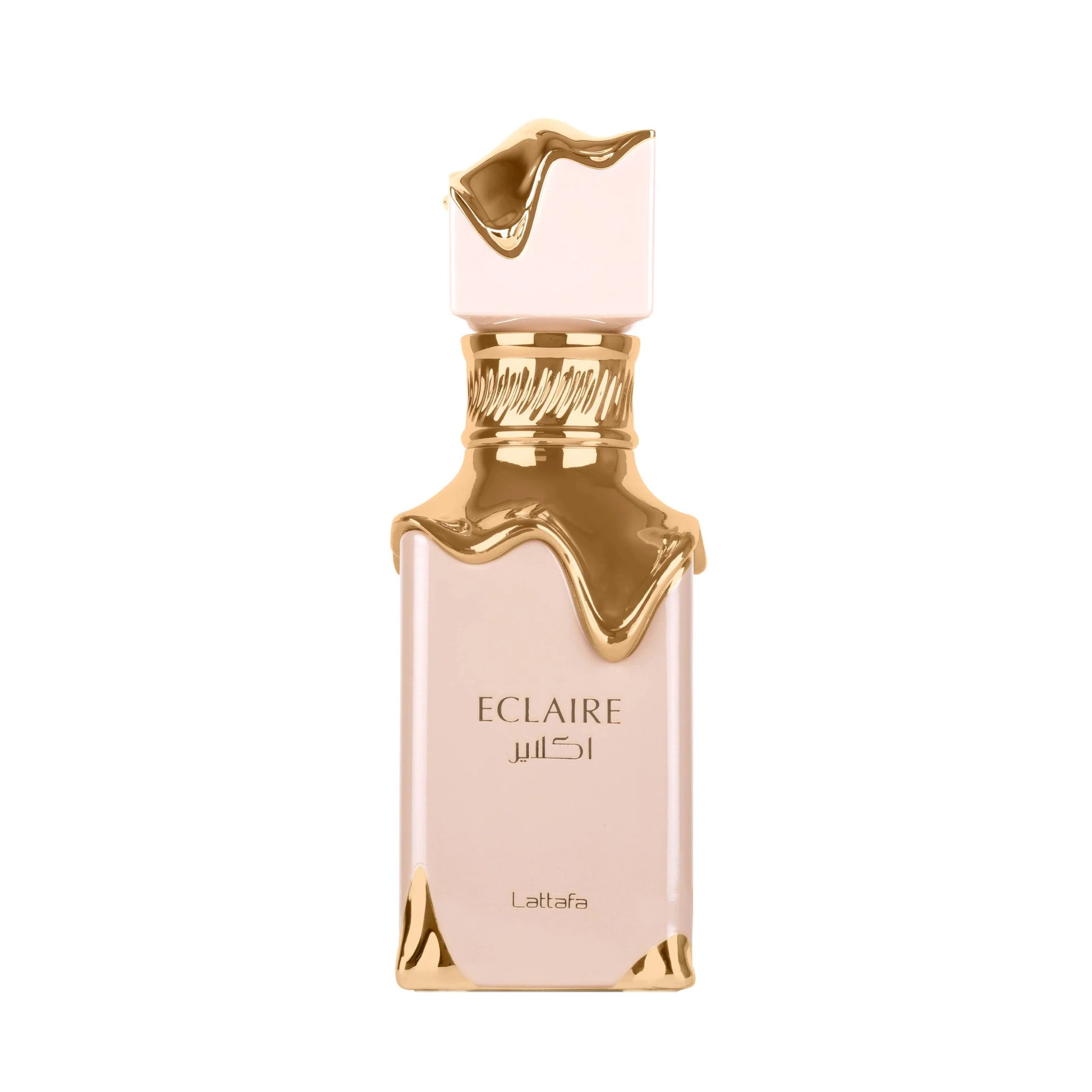 The Lattafa Eclaire 100ml Eau De Parfum by Lattafa has a gold cap and accents, boasting a captivating Floral Fruity Gourmand scent.