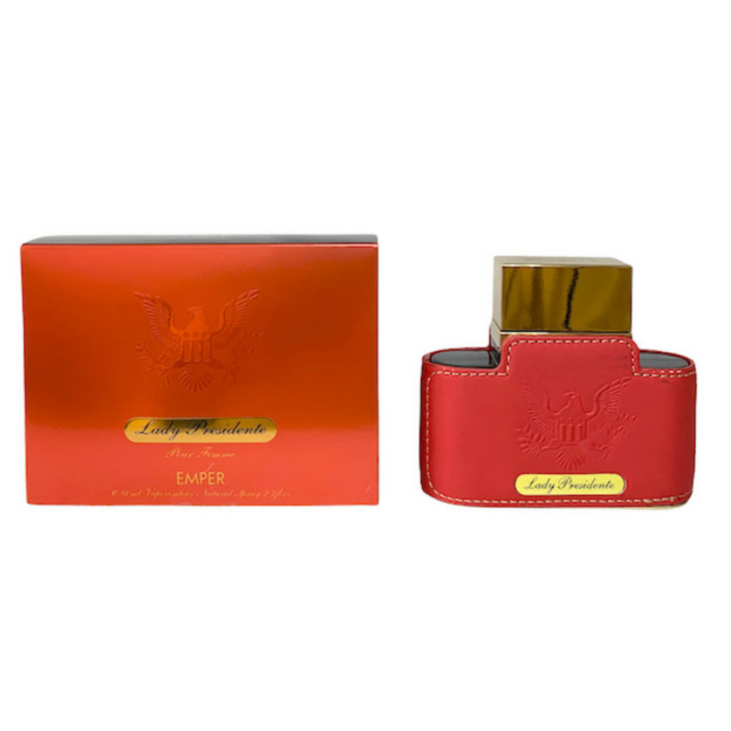 Load image into Gallery viewer, The Emper Lady Presidente Pour Femme 80ml, in a red and gold box and bottle, features a &quot;Lady Presidente&quot; label and embodies the Floral Fruity essence for women.
