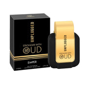 A box and 80ml bottle of Emper Unplugged Stronger with Oud Eau de Parfum for Men, featuring a black and gold design.