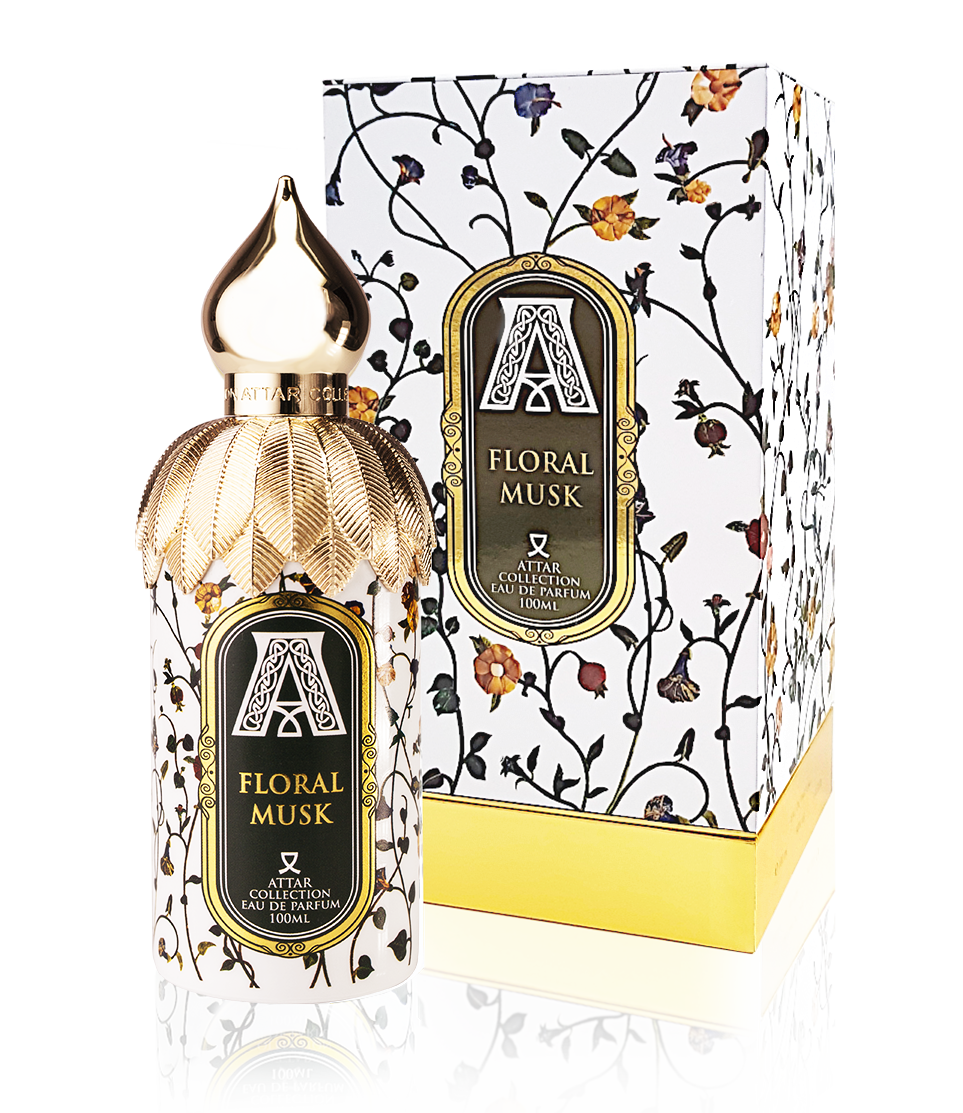 The Attar Collection Floral Musk 100ml Eau De Parfum by Rio Perfumes features a gold-capped bottle elegantly situated next to its patterned floral box, offering an exquisite fragrance experience.