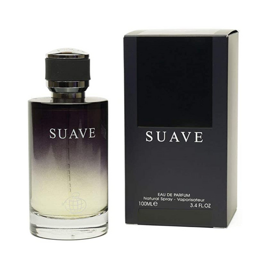 A 100ml bottle of Fragrance World Suave Eau de Parfum, elegantly displayed next to its sleek black packaging box.