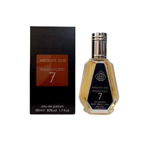 A bottle of Fragrance World Absolute Oud Magnificent 7 Eau De Parfum rests gracefully next to its black box packaging. Infused with oud and patchouli, the clear bottle is adorned with a sleek silver cap and contains 50mL of exquisite fragrance.