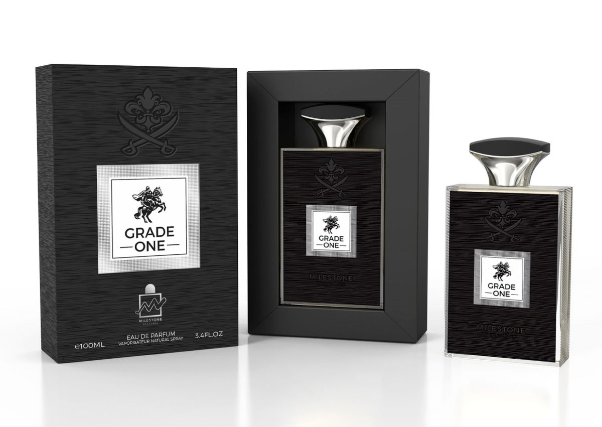 The Milestone Grade One 100ml Eau De Parfum by Milestone Perfumes, featuring a sleek black and silver design with a horse emblem, comes in an elegant box and bottle. This unisex fragrance embodies timeless sophistication for any occasion.