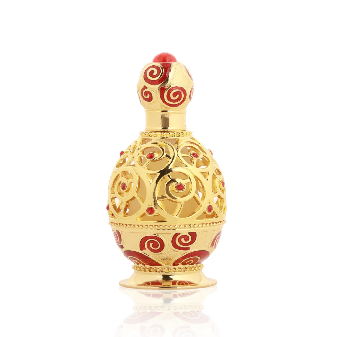 A Khadlaj Haneen Gold Concentrated Perfume Oil 20ml bottle, a concentrated fragrance oil by Dubai Perfumes, on a white surface.