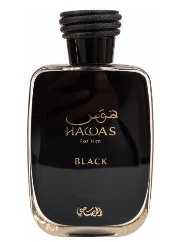 The Rasasi Hawas Black 100ml Eau De Parfum by Rio Perfumes showcases a sleek black bottle with a textured cap, offering an exquisite men's fragrance against a pristine white background.