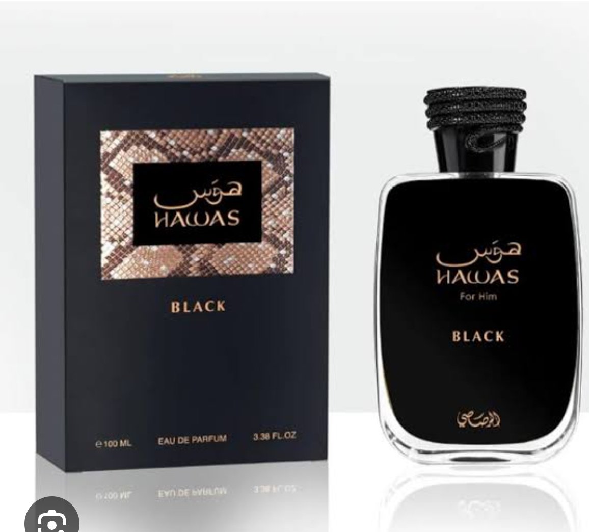 A sleek black and gold bottle labeled "Rasasi Hawas Black 100ml Eau De Parfum" stands elegantly beside its matching box, exuding sophistication and allure. This fragrance is a signature scent for men by Rio Perfumes.