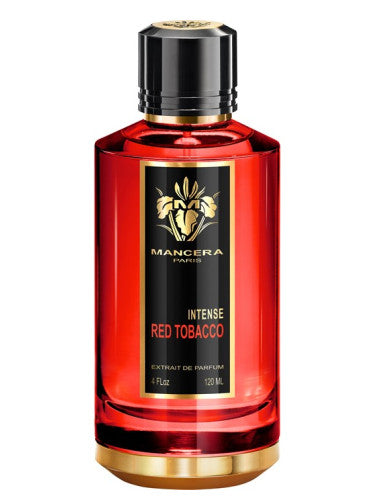 A red bottle with a black cap labeled "Mancera Paris Intense Red Tobacco Eau De Parfum, 120ml." This luxurious unisex fragrance from Mancera offers an intense and captivating aroma.