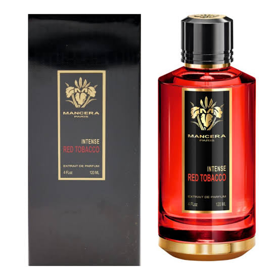 Image of Mancera Paris Intense Red Tobacco 120ml Eau De Parfum, a striking unisex fragrance by Mancera. The perfume bottle is red with a gold cap and features a label that matches its black and red box.