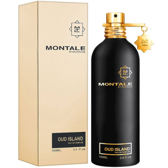 The Montale Paris Oud Island 100ml Eau De Parfum is displayed beside its elegant beige packaging box. The sophisticated black bottle, featuring gold accents, exudes luxury and refinement, making this Montale Paris fragrance a timeless piece for any collection.