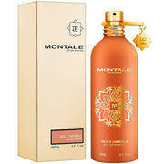 Image of Montale Paris Holy Neroli 100ml Eau De Parfum. The bottle is a vibrant orange with a gold cap and emblem, radiating elegance. The cream-colored packaging box features black text and an image of the fragrance bottle, making it a perfect embodiment of luxury.