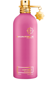 A 100ml (3.4 fl. oz.) pink bottle of Montale Paris Lucky Candy Eau De Parfum with a gold cap and an attached charm, offering a delightful scent for both men and women to enjoy.