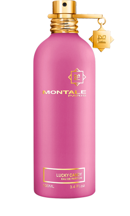 A 100ml (3.4 fl. oz.) pink bottle of Montale Paris Lucky Candy Eau De Parfum with a gold cap and an attached charm, offering a delightful scent for both men and women to enjoy.