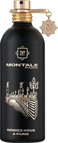 A Montale Paris Rendez-vous à Paris 100ml Eau De Parfum bottle in black, featuring gold accents and a decorative keychain attached to the cap, with an ornate design of a bridge and street lamps. This Amber Floral fragrance by Pierre Montale is perfect for both men and women.