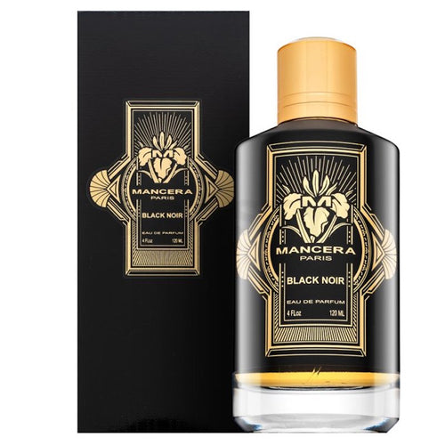 A bottle of Mancera Paris Black Noir Eau De Parfum by Mancera, a sophisticated unisex fragrance, is displayed alongside its matching black and gold packaging box featuring a decorative label.