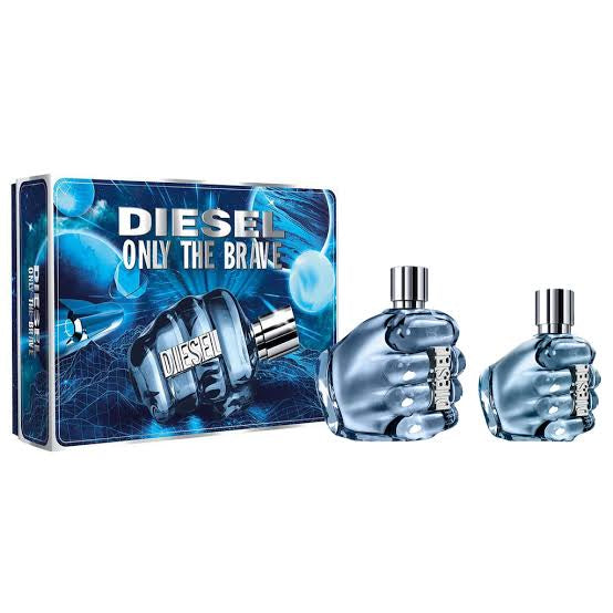 Image of Diesel's "Only The Brave" fragrance gift set for men, which includes a 75ml EDT bottle and a 35ml EDT bottle, both designed in the shape of metallic blue fists, and accompanied by a matching branded box.