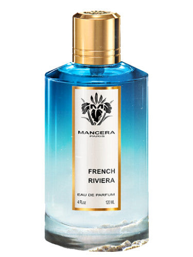 A 120ml bottle of Mancera Paris French Riviera Eau De Parfum, featuring a gradient blue and white design and a gold cap, ideal as a fragrance for both men and women.