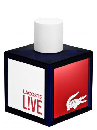 The LACOSTE Live 100ml EDT from Lacoste comes in a square blue bottle with a white cap. One side is adorned with the text "LACOSTE L!VE" in red, while another displays a white crocodile logo on a red background. This aromatic aquatic fragrance for men epitomizes the Lacoste Live spirit with its bold and refreshing scent.