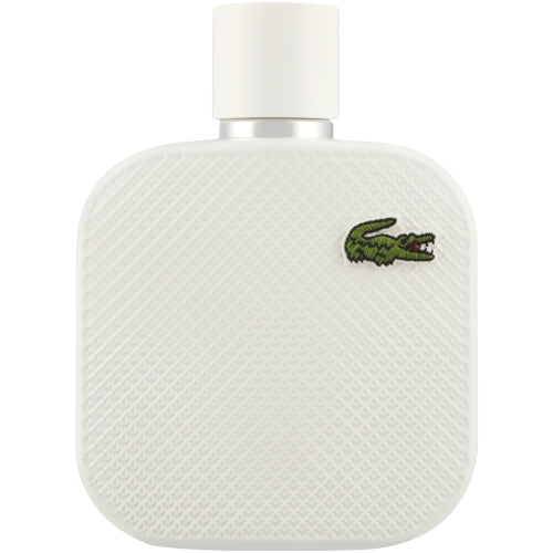 A white bottle of Lacoste L.12.12. Blanc 100ml EDT with a textured surface and an embroidered green crocodile logo, offering a Woody Aromatic fragrance for men from the brand Lacoste.