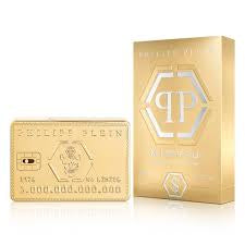 Load image into Gallery viewer, A gold rectangular card with embossed details lies next to a matching gold box, showcasing the stylized designer logo of Philipp Plein, for the luxurious Philipp Plein No Limits Gold 90ml Eau de Parfum fragrance for men and women.
