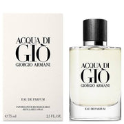 An Armani Acqua di Gio 75ml EDP bottle, elegantly labeled and crafted by the renowned brand Armani, sits beside its matching box. This sophisticated men's fragrance, contained in a 75 ml (2.5 fl. oz.) bottle, epitomizes timeless style and refinement.