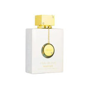 The Armaf Club De Nuit Imperial 105ml Eau De Parfum is elegantly presented in a rectangular bottle, featuring a pristine white body and a gold cap. A round gold medallion adorns the front, embodying Armaf's signature style and offering a luxurious fragrance for women that exudes sophistication and charm.