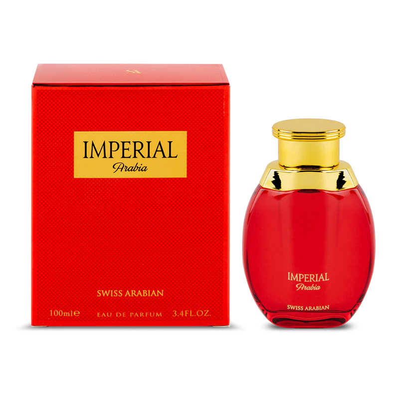 Load image into Gallery viewer, A red rectangular box labeled &quot;Swiss Arabian Imperial Arabia&quot; and a red perfume bottle with a gold cap, also labeled &quot;Swiss Arabian Imperial Arabia.&quot; This unisex fragrance, offered by Swiss Arabian, contains 100 ml of Eau de Parfum and captures the essence of Swiss Arabian Intense Pride with subtle hints of oud.
